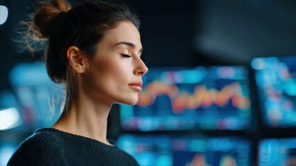 Young woman focused on digital supremacy analyzing stock market charts and business data with financial graphs on multiple screens - Powered by Adobe