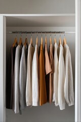 Fototapeta premium Organized Closet with Neutral Sweaters on Wooden Hangers, Minimalist Style