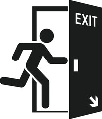 Black silhouette of a running person exiting through an open door with exit sign vector illustration