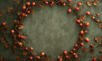A wreath of red berries is hanging from a wall