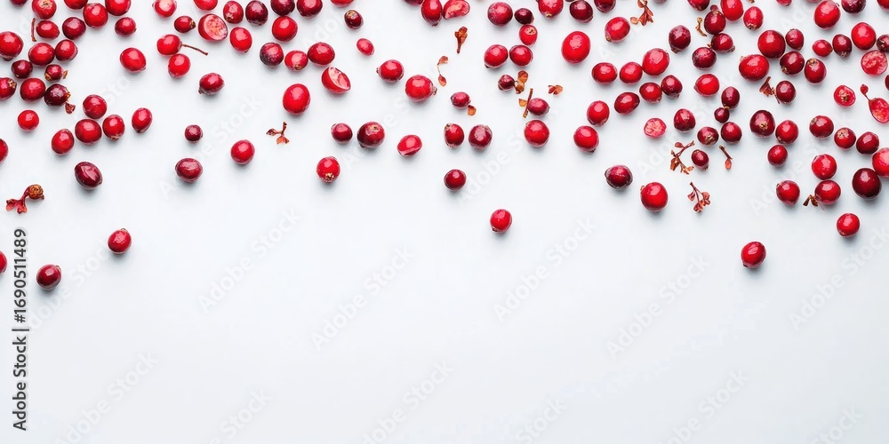 Poster a large scattering of bright red cranberries covers a white surface, creating a dynamic and visually