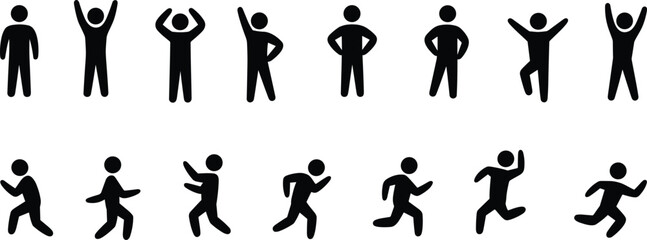 Collection of black silhouette icons of people in various active poses figures silhouettes