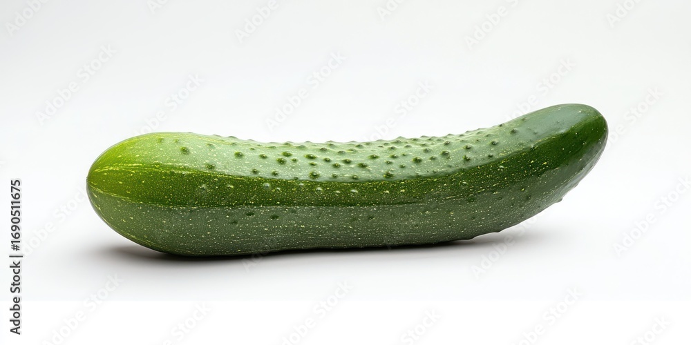 Poster A fresh, green cucumber rests on a white surface. The cucumber has a smooth, slightly bumpy skin and a vibrant green color. Water droplets cling to its surface, suggesting it is recently washed. 