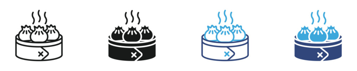 Hot dumplings in bamboo basket icon set in outline and flat style , vector illustration. 
