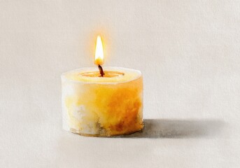 A candle is lit and is sitting on a table