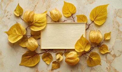 A white sign is placed in the middle of a yellow leafy background