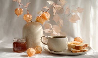 A white plate with toast and a cup of coffee sits on a table