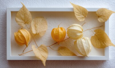 A white frame with yellow and white flowers and leaves