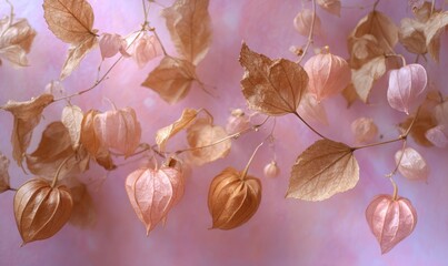 A bunch of flowers with pink and brown leaves are hanging from a pink background