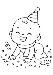 coloring book  baby crawling with a warm scarf through confetti, winter New Year playtime.