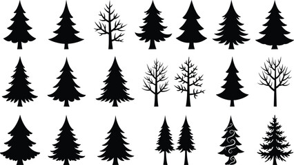 Silhouette collection of pine and leafless trees, winter forest tree icons, nature vector set for holiday, decor, or design projects