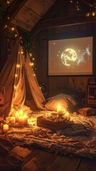 Cozy Indoor Movie Night, DIY Tent, Rustic Cabin, Digital Art, Inviting Atmosphere, Warm Lighting, Intimate Setting