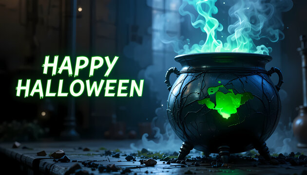Happy Halloween Glowing Cauldron Illustration Green Smoke in Dark Magical Stone Chamber Spooky Festive Scene with Mist and Columns