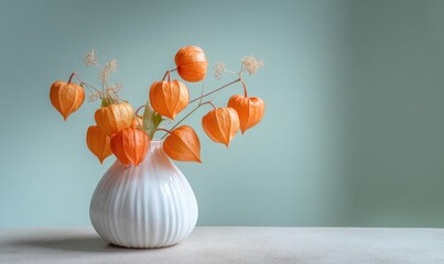 A vase of orange flowers sits on a table