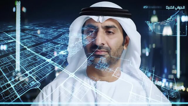 Portrait of Arab man in kandura with high-tech digital display elements