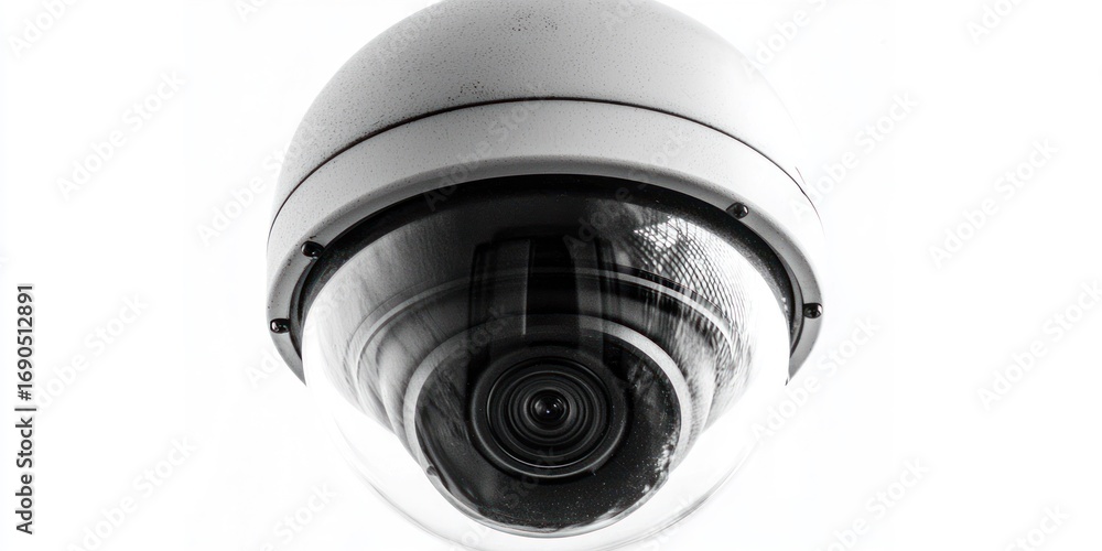 Poster a white security camera is mounted on a white wall. the camera is spherical and has a reflective len