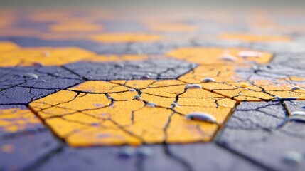 Close-up of cracked, textured hexagons in yellow and blue, sprinkled with water droplets, creating an abstract, tactile, and visually compelling pattern