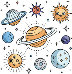 Cartoon illustration of the solar system with planets, stars, and moons isolated on white background