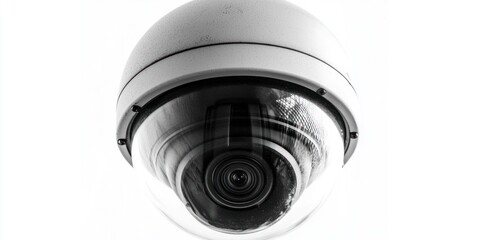 A white security camera is mounted on a white wall. The camera is spherical and has a reflective lens. The image is shot from a low angle, looking up at the camera. 