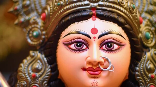 Close-up of a Durga Puja idol with ornate golden crown and traditional Indian makeup