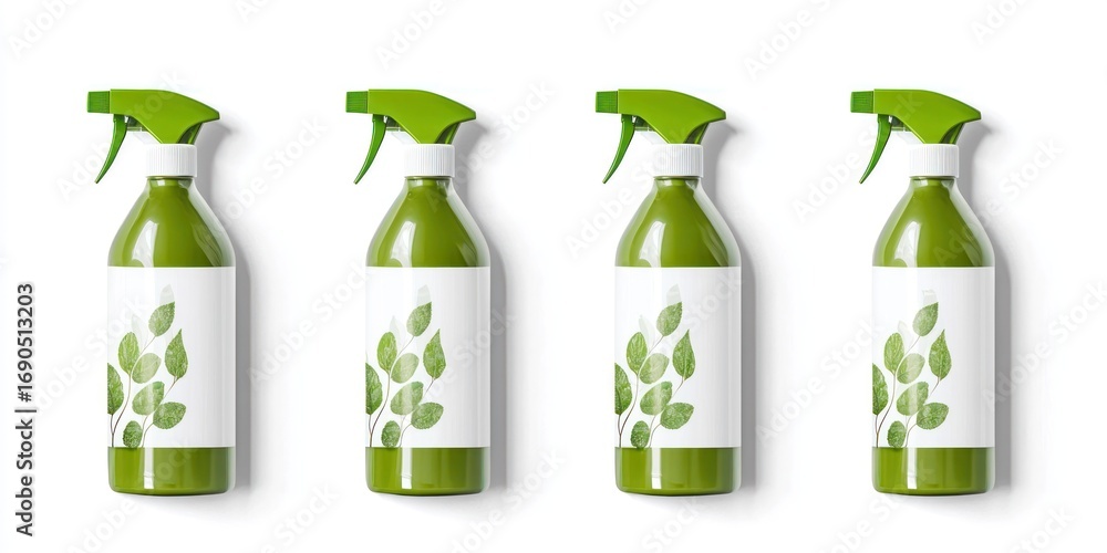 Poster Four identical spray bottles are arranged in a row against a plain white background. Each bottle is green with a white label featuring a stylized leaf design. 