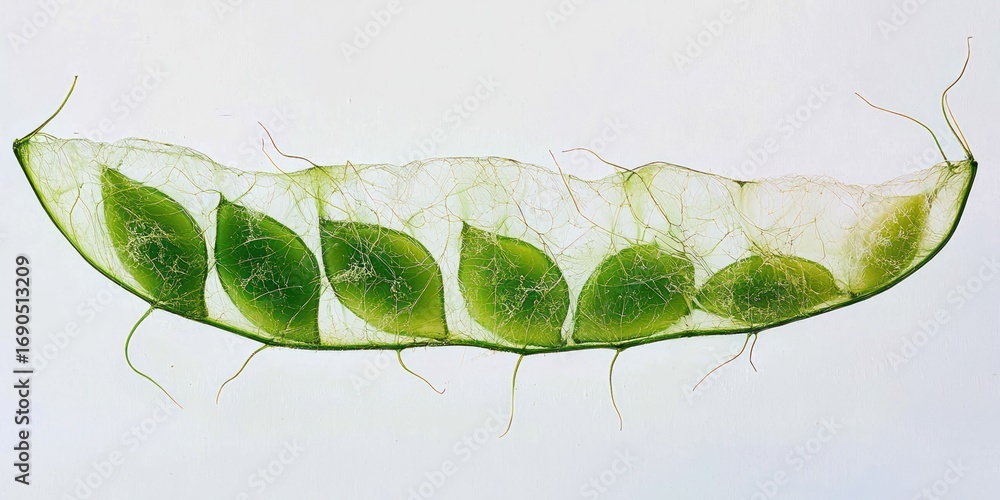 Poster a close-up, macro photograph showcases a split pea pod, meticulously sliced open to reveal its inner