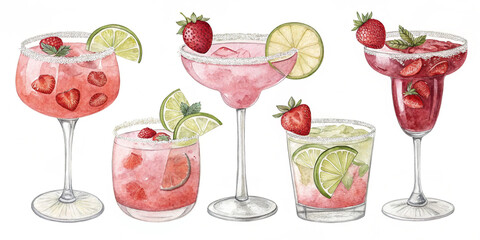 Illustration of watercolor strawberry margarita isolated on white background