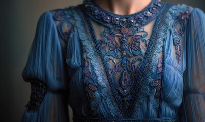 Closeup view of a blue dress with a lace collar. Blue dress with many details.