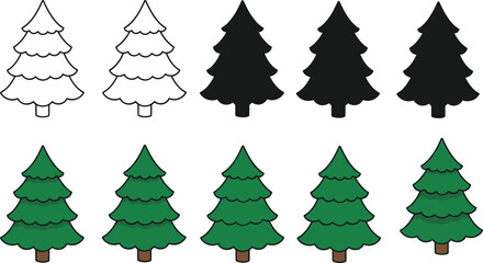 Simple cartoon Christmas tree illustrations, black and green pine tree icons, cute holiday vector graphics, Christmas design elements