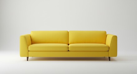 Fototapeta premium A vibrant yellow sofa is centered against a clean, white background, showcasing modern furniture.