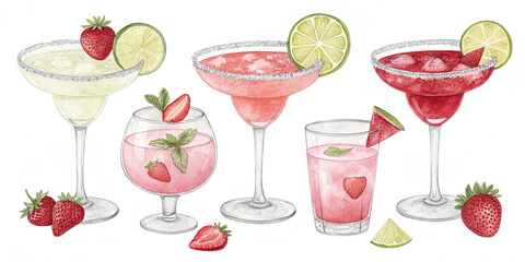 Illustration of watercolor strawberry cocktail isolated on white background