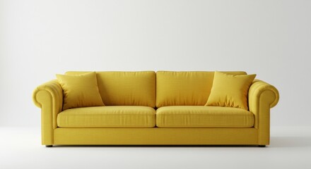Fototapeta premium A yellow sofa with two cushions sits against a white background.
