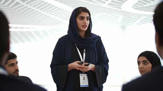 Woman in abaya giving presentation in office to colleagues and partners