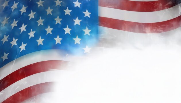 patriotic american flag with textured fabric detail and glowing light overlay blending into white space for banner or editorial background