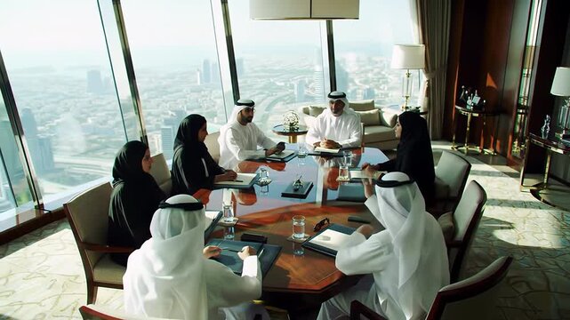 High angle view of Arab men and women in business meeting with city panorama
