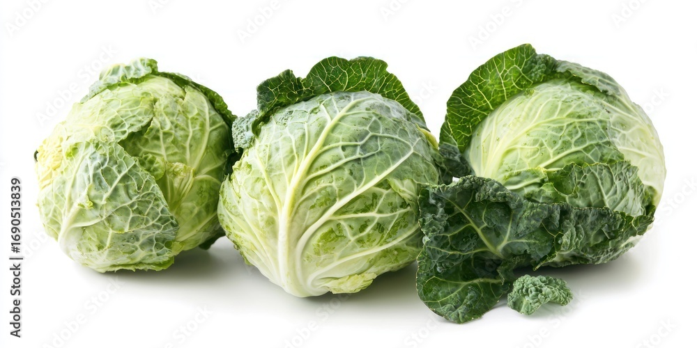 Poster three heads of green cabbage are arranged in a row on a white surface. the cabbages have tightly pac