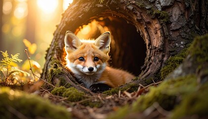Fototapeta premium Cozy Fox in Enchanted Hollow Tree