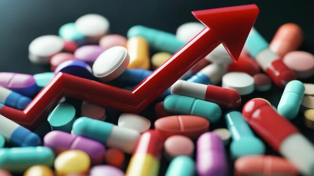 A large assortment of various colored pills on a table, indicating increased supply in the healthcare industry.