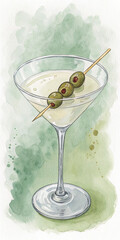 Illustration of watercolor illustration of a martini with olive garnish