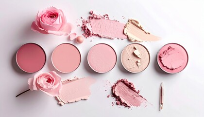 Pink cosmetic powders with roses, elegant feminine flat lay composition