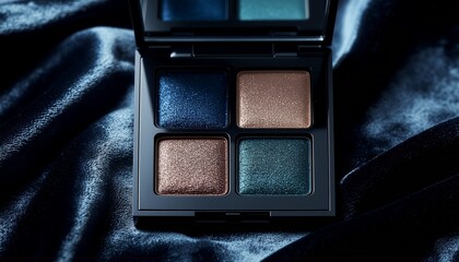 Dark eyeshadow palette with deep blue and brown tones, elegant style