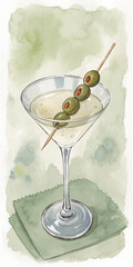 Illustration of watercolor illustration of a martini with olive garnish