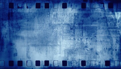 Fototapeta premium vintage blue film strip texture with grunge cinematic frame and faded light center for creative wallpaper or editorial banner background