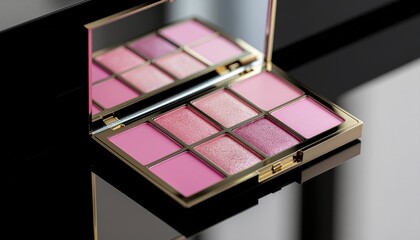 Luxury pink makeup palette on dark background, modern beauty photography