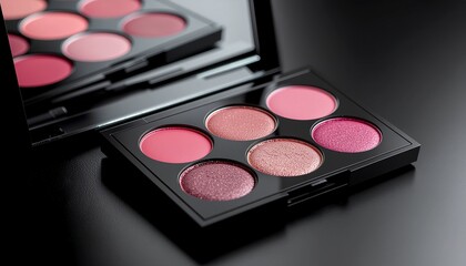 Round pink makeup palette with glossy shimmer, professional cosmetic shot