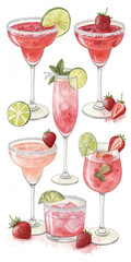 Illustration of watercolor strawberry cocktails isolated on white background