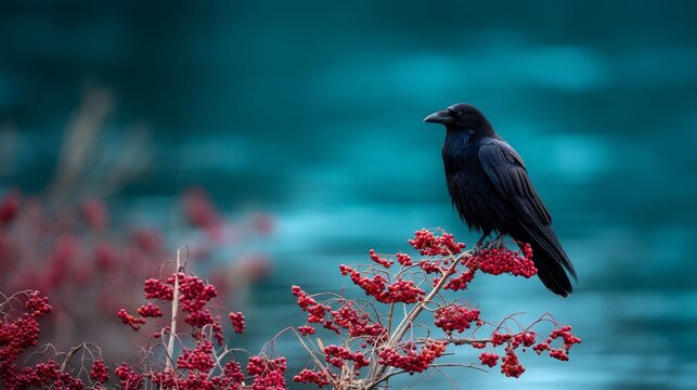 Mysterious black raven perched on thorny branch with crimson berries amidst misty teal background and abstract white patterns, evoking moody nature atmosphere