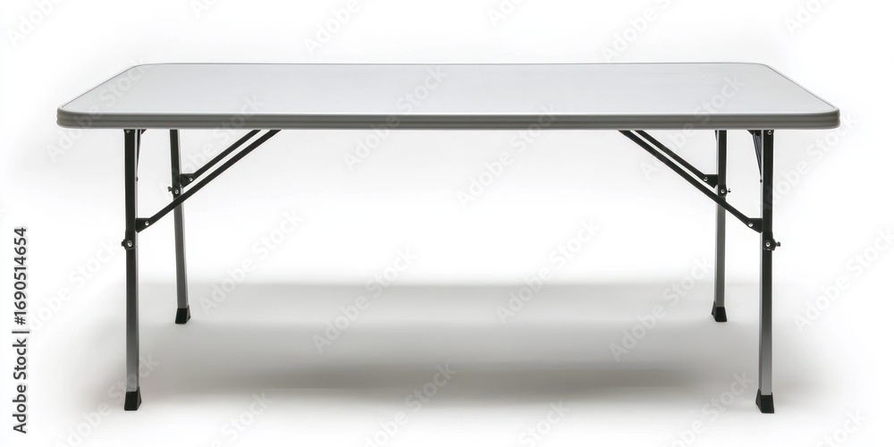 Poster a plain, white folding table stands on a white surface. the table has a rectangular shape and a glos