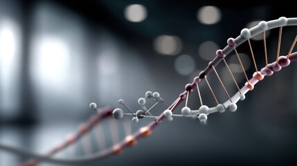 A detailed close-up of a double helix strand. The focus is on the molecular structure, with a blurred background