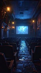 Naklejka premium Cinematic Experience, Movie Screening, Abandoned Theater, Digital Art, Atmospheric Lighting, Perspective, Nostalgia